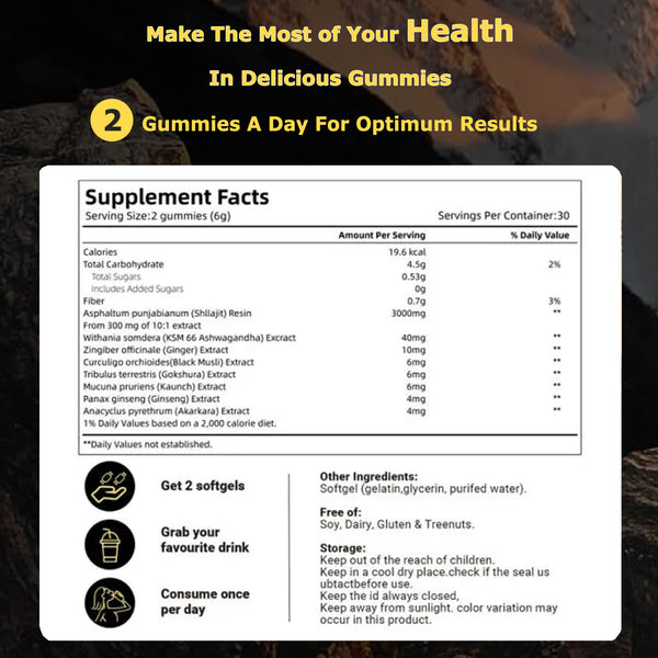 Winyel Shilajit Gold Gummies with 85 Trace Minerals for Energy and Immune Support