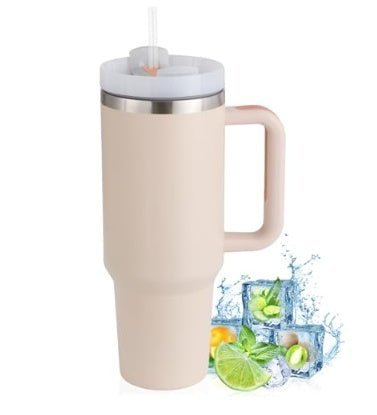 40oz Stainless Steel Travel Mug with Straw and Handle - BPA Free - BloomRadiant