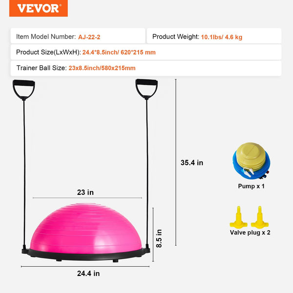 VEVOR 23 Inch Half Exercise Ball Trainer with Resistance Bands & Pump for Ultimate Balance and Strength