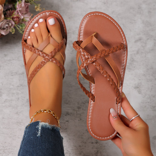 "Exquisite PU Cross-woven Thong Sandals: Ultimate Luxury for the Modern Woman"