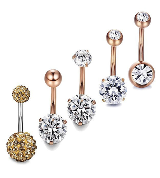 Dazzling Diamond Elegance: 5-Piece Stainless Steel Zircon Rose Gold Belly Button Ring Set