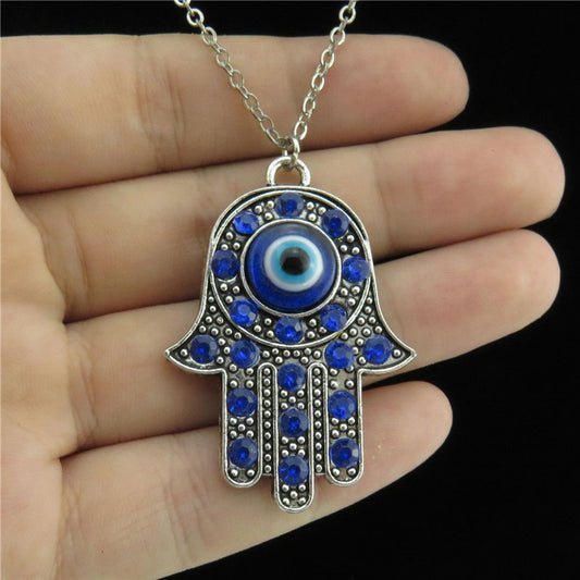 Royal Blue Diamond Evil Eye Pendant Hand of Fatima Necklace: Exquisite Clan Style Elegance in Ancient Silver